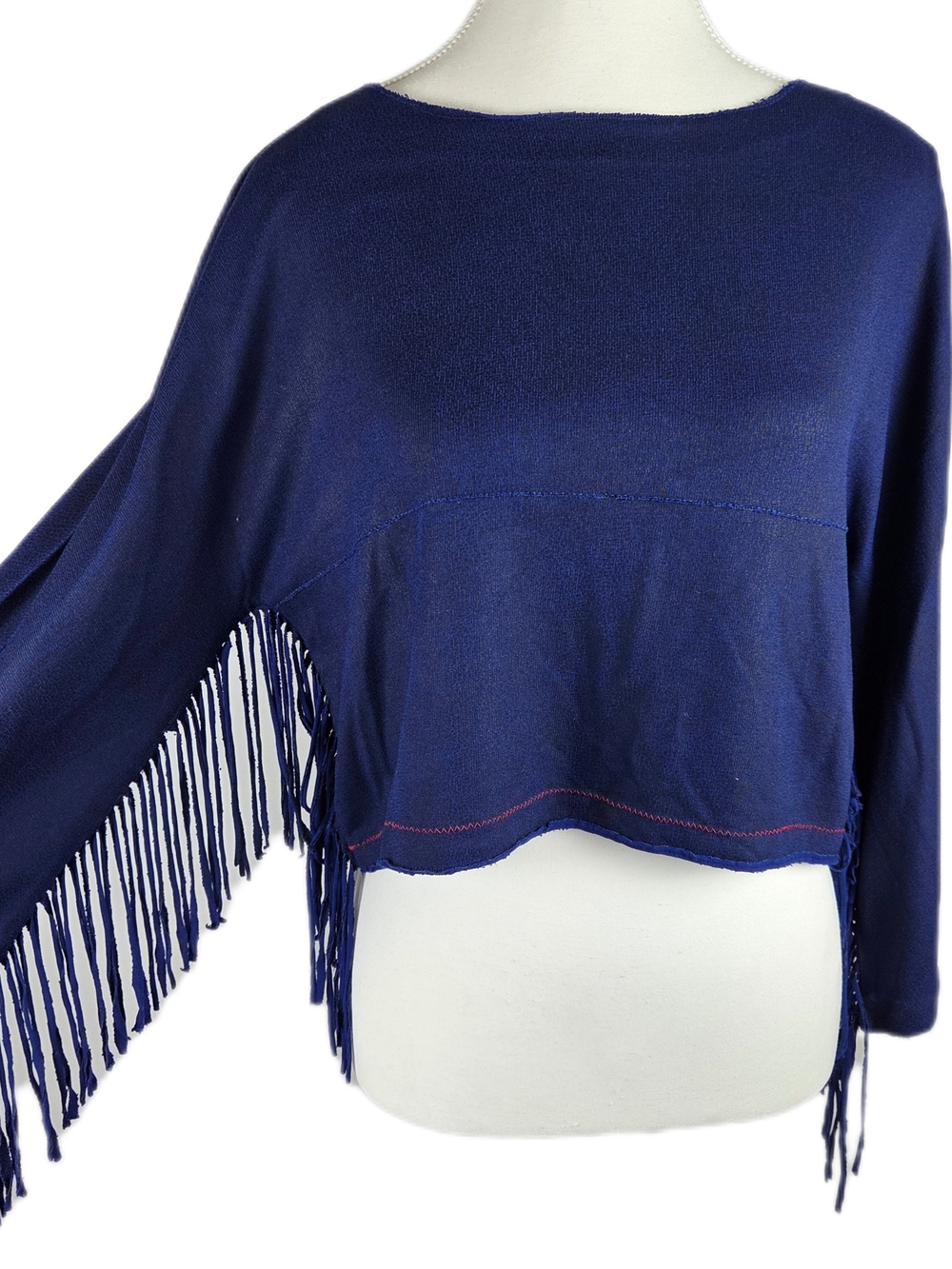 Fringe Hem Off-the-Shoulder Cropped Sweater - Navy